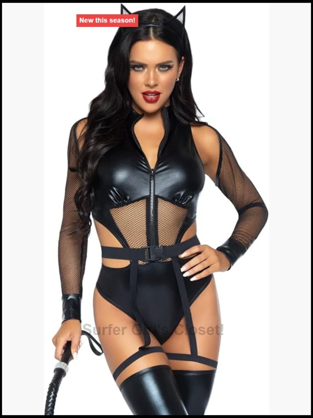 3 Pc Criminal Kitty Costume Bodysuit Garter Belt Headband Halloween Cosplay